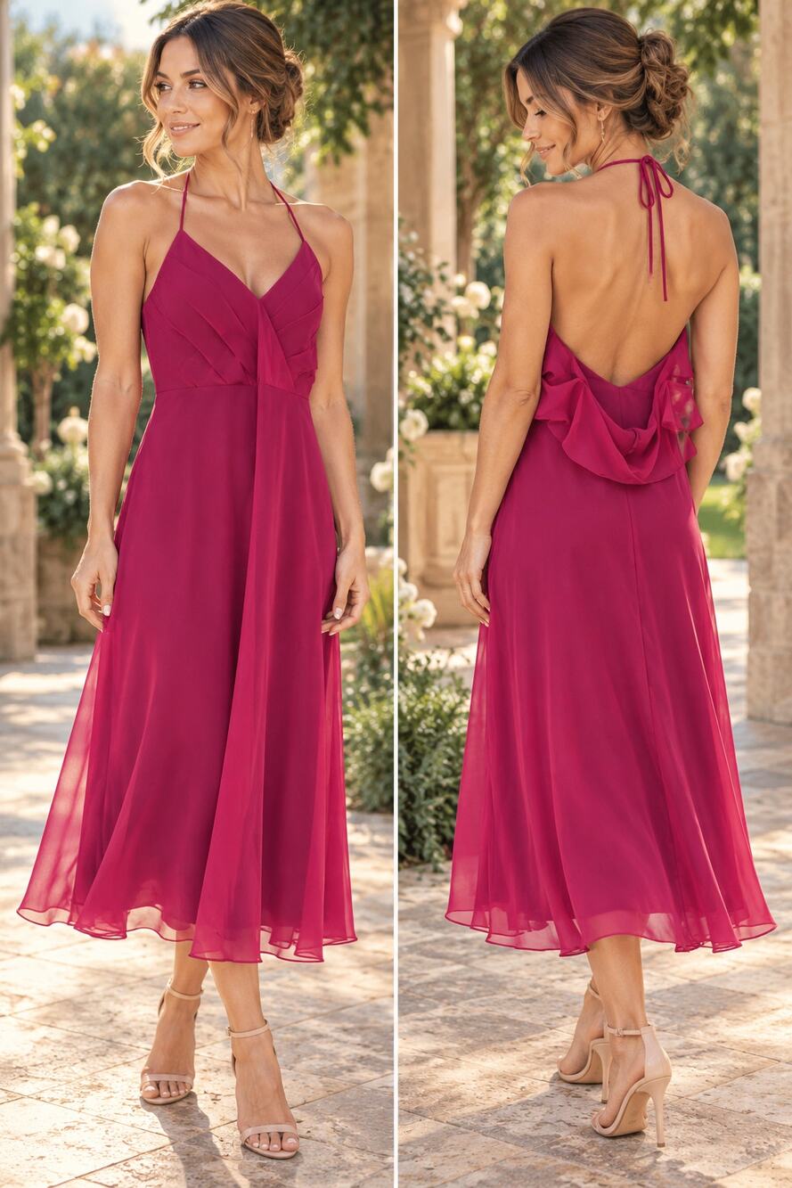 Azazie Paisley Fuchsia Halter Formal Dress Size 6 Plunge Open Back Chiffon Midi